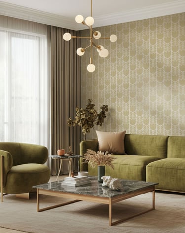 Golden retro floral wallpaper with a stylized tulip pattern, styled in a modern living room