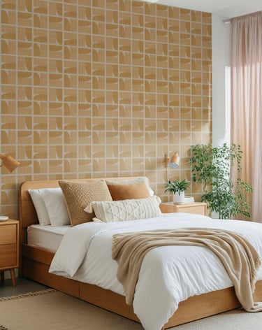 Sunset orange geometric wallpaper with a mid-century grid pattern, styled in a cozy bedroom