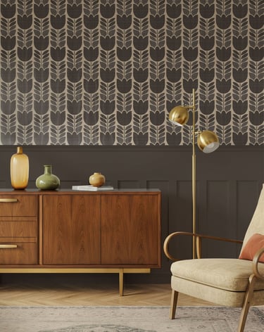 Dark retro floral wallpaper with a deep brown grey background and beige tulip motifs
