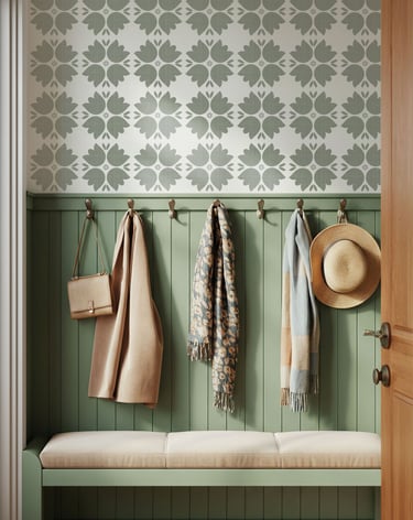 Sage and cream floral pattern wallpaper with a retro farmhouse design, styled in an entryway