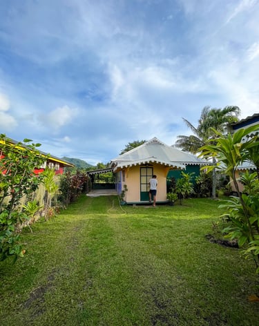 accommodation surrounded by lush greenery on the island of Huahine, French Polynesia.
