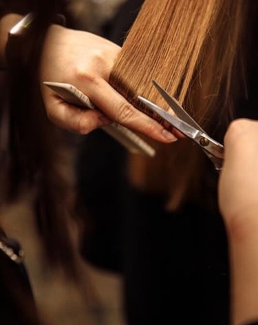 Estilista profesional cortando cabello largo y lacio con tijeras de salón afiladas y un peine.