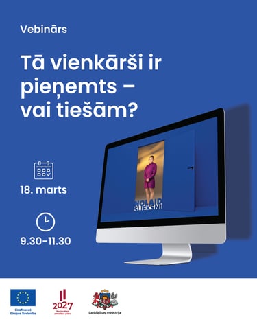 Zils vizuālis, kampaņas vizuālis, informācija par vebināru. Apraksts tekstā