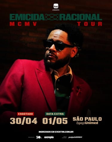 Arte promocional da turnê "Emicida Racional MCMV Tour".