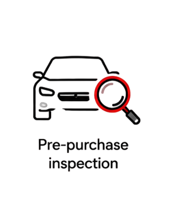 A car icon and magnifying glass representing a professional pre-purchase vehicle inspection.