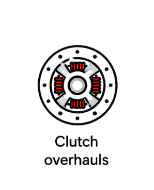 A technical diagram of a vehicle clutch disc with red springs for professional clutch overhauls.
