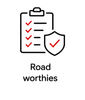 Line art icon of a roadworthy certificate checklist with red checkmarks and a safety shield.