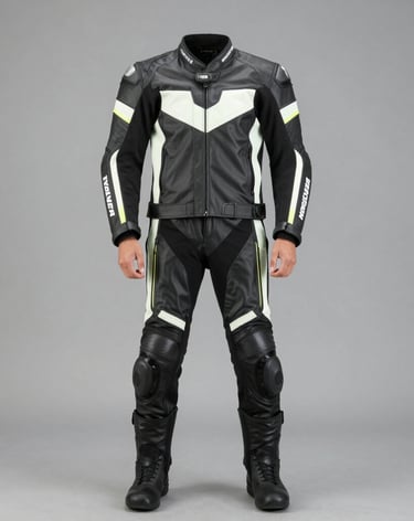 Full-body black and white leather motorcycle racing suit with armor and knee sliders.