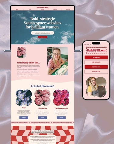 Una muestra de un diseño un sitio web de Squarespace que incluye una vista móvil y computadora .