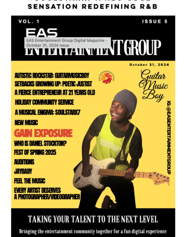EAS Entertainment Group digital magazine cover featuring neo-soul artist GuitarMusicBoy with an electric guitar.