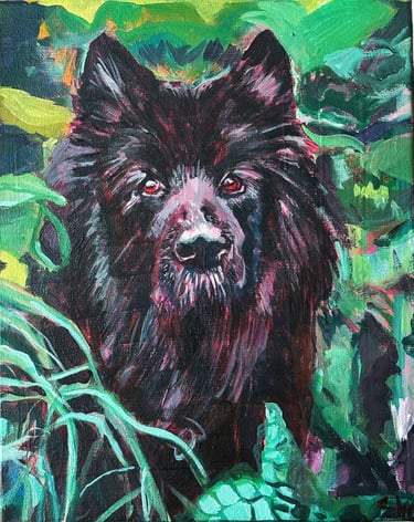 a painting of a black dog in a  green field