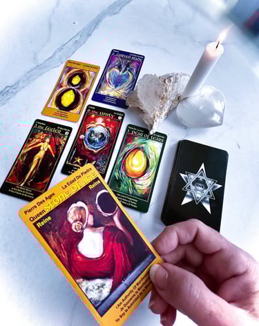 Tarot cards spread on white tarot reading table