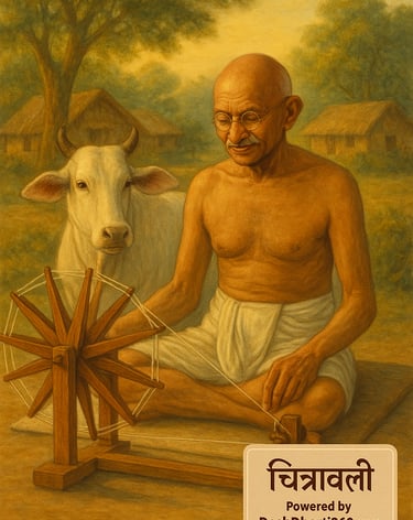 “A soft and spiritual Indian-style painting of Mahatma Gandhi sitting peacefully in a Gau Seva Ashram beside a white cow, spi