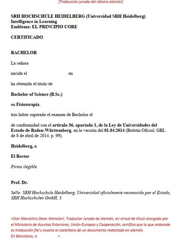 Fisioterapia: traducción jurada al español de bachelor alemán