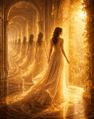 Woman in golden light facing a glowing city, symbolizing breaking repetitive dream patterns and stepping into awareness.