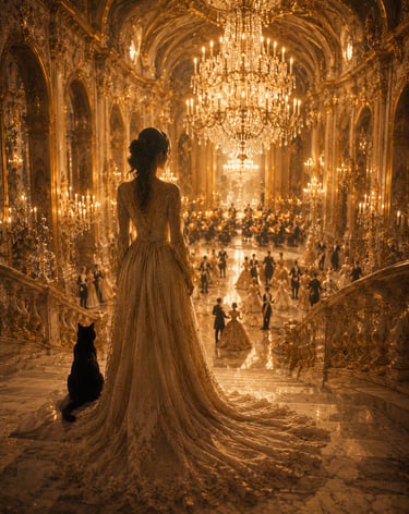 elegant woman entering a golden dance hall with large crystal chandelier above and couples dancing below and orchestra