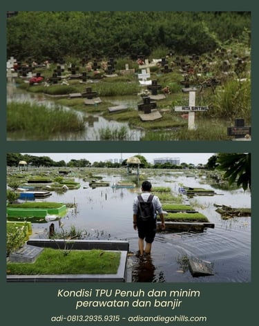 Perbandingan TPU penuh dan banjir dengan makam San Diego Hills yang bersih, rapi, dan terawat
