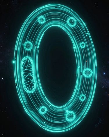 Glowing toroidal field diagram with neon cyan and ultraviolet lines, superimposed on a dark, cosmic background, representing both galactic and cellular structures, dramatic edge lighting.