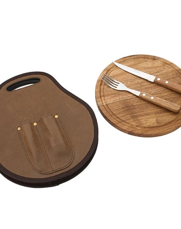 Portable steak set with wooden cutting board, steak knife, and fork in a brown carrying case.