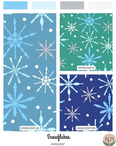a set of patterns with various snowflakes in shades of blue and grey