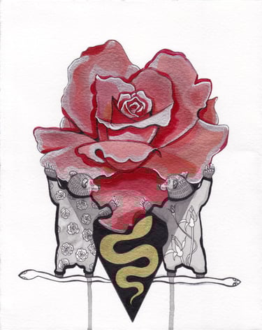 Drawing of two bears in onesies holding up a red rose with a snake below.