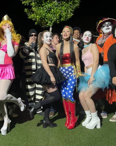 Halloween party at Kava Bar LA with guests in costumes enjoying kava drinks
