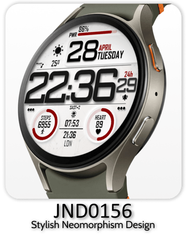 A stylish smartwatch with a neomorphic design, displaying time, date, steps, heart rate, and other fitness data.
