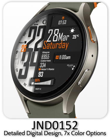 Smartwatch featuring a detailed digital watch face with health tracking, steps, and heart rate data.