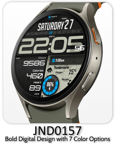 A bold digital smartwatch face displaying fitness data, time, and weather on a titanium case.