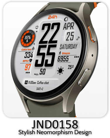Smartwatch with a neomorphism design watch face showing fitness stats, time, and date.