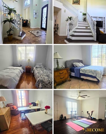 A six-image collage showcasing various rooms within a transitional living home, including communal living areas, bedrooms