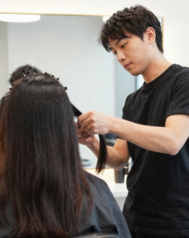 Close-up of hands applying rich hair color in a luxurious salon environment.