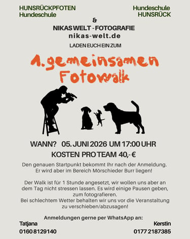 Poster for a dog photography walk event by Hunsrückpfoten Hundeschule and Nikas Welt Fotografie.