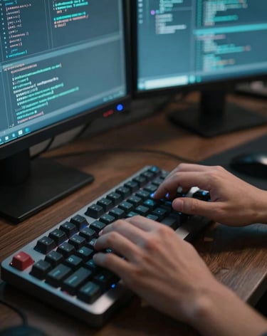 Tight close-up of a developer's hands on a mechanical keyboard, lines of code visible on dual monitors behind in cool cyan-tinted light, motion blur on fingertips suggesting active sprint, dark studio environment, overhead angle, no faces visible