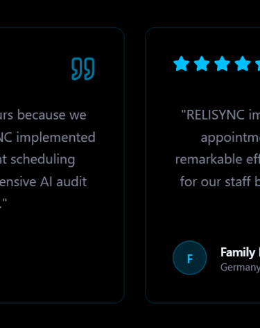 Two dark testimonial cards side by side, each with five blue stars, a customer quote about RELISYNC’