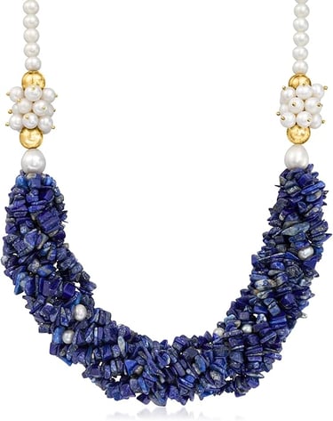 Black Dress Jewelry. Lapis Lazuli Bead Necklace With 4.5-5.5mm Cultured Pearls in 18kt Gold Over Sterling. 18 inches