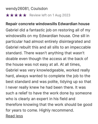 Positive customer review for concrete windowsill repair and restoration on an Edwardian house.