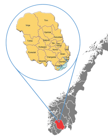 a map of Norway with Telemark Fylke magnified and labeled