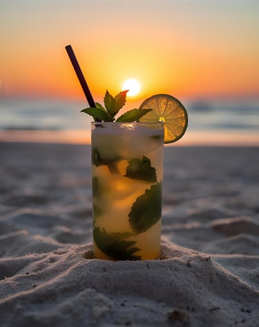 rum in a glass with a lime slice on the sand