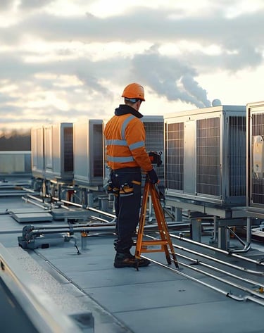 Generic Industrial HVAC photo with an engineer on top of a building doing checks on the HVAC system