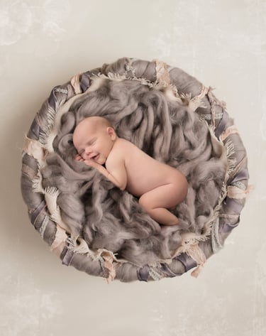 A newborn studio portrait features a peacefully sleeping baby, elegantly posed with soft fluffy wool and delicate lighting. 