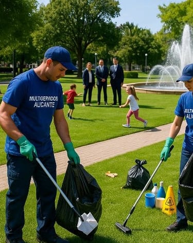 Dos trabajadores de multiservicios limpiando un parque con niños jugando y tres hombres observando