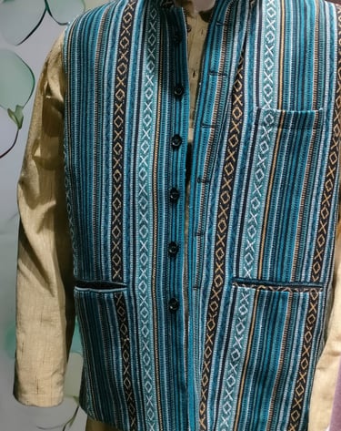 a man's waistcoat or sadri or jawahar jacket or nehru jacket with a blue and white striped handloom 