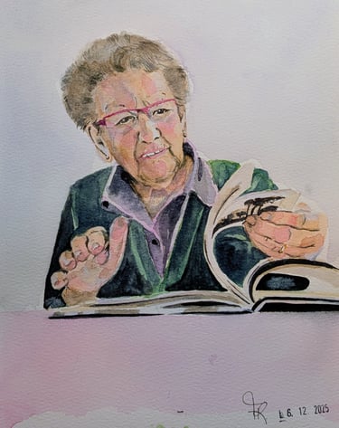 Oma portret voor verjaardag of herinnering met zachtheid overgebracht naar het aquarel portret. 