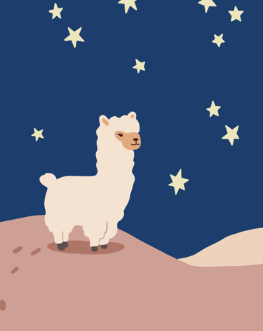 a llamall standing on a hill with stars
