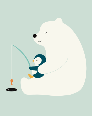 a un pingouin qui pêche avec un ours