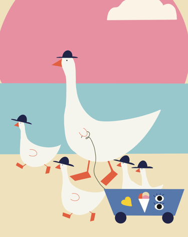 a group of ducks and geese on a beach