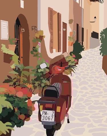 a scooter parked in front of a building in Italian street