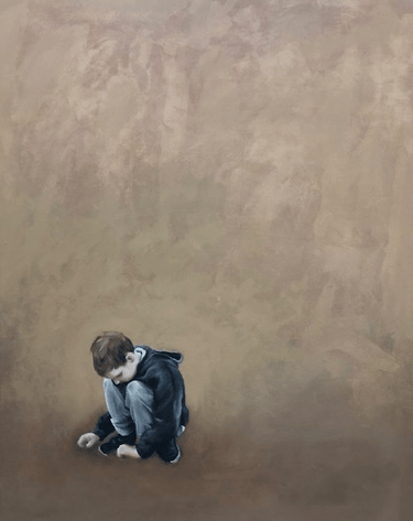 Young boy painted in oil on canvas. Crouched position against vast sandy background.