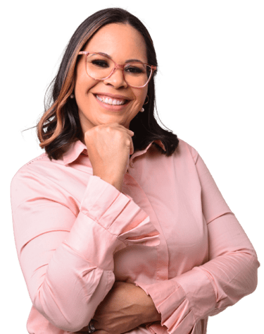 a woman in a pink shirt and glasses